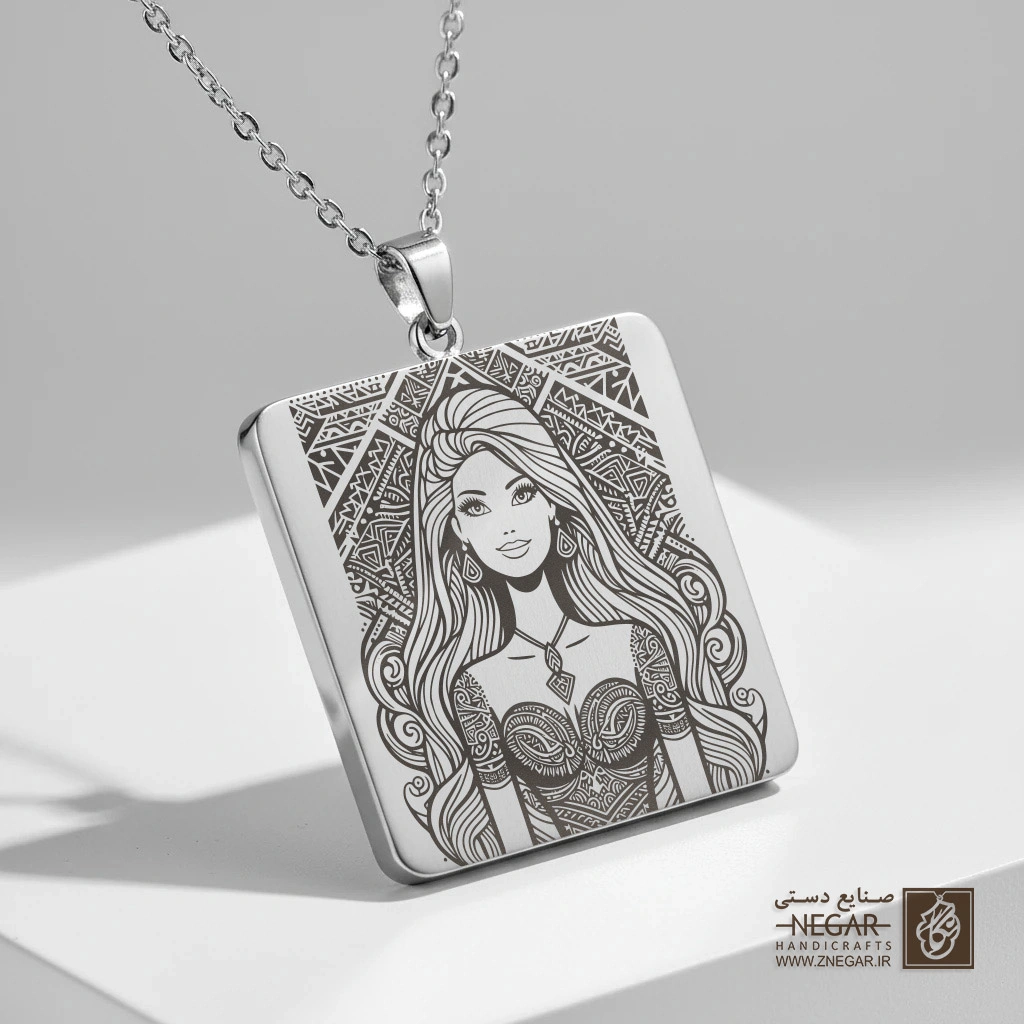 گردنبند طرح پرتره باربی در قاب گل (حکاکی لیزری فایبر، مدل قاب مربع) کد 500199