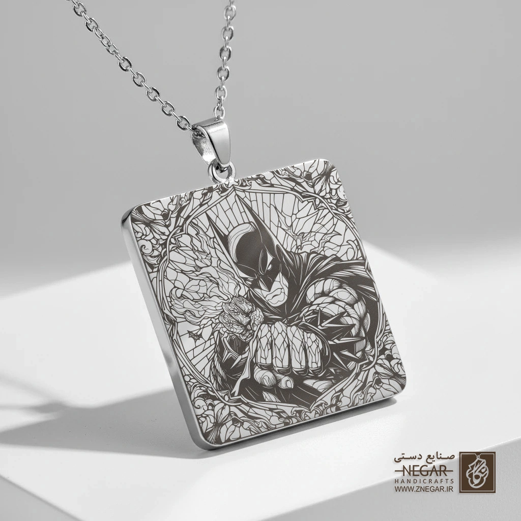گردنبند طرح ضربه بتمن ( اکشن) (حکاکی لیزری فایبر، مدل قاب مربع) کد 500238