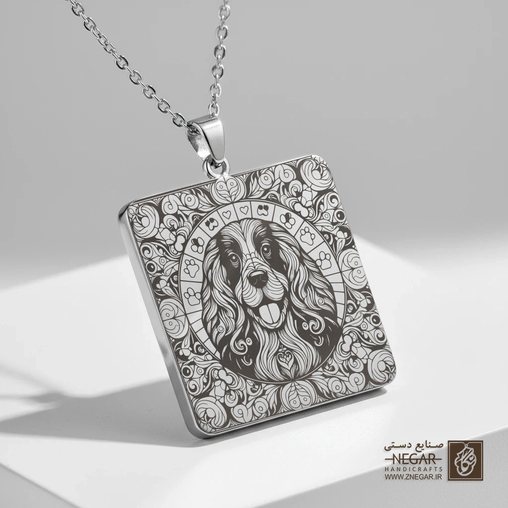 گردنبند طرح چهره کوکر اسپانیل در قاب (حکاکی لیزری فایبر، مدل قاب مربع) کد 501098