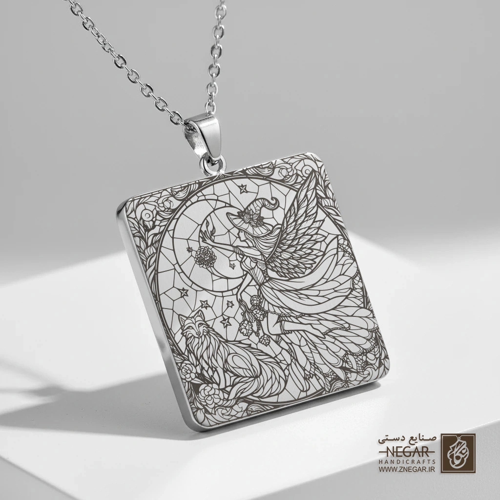 گردنبند طرح پری و گربه روی ماه (حکاکی لیزری فایبر، مدل قاب مربع) کد 501125