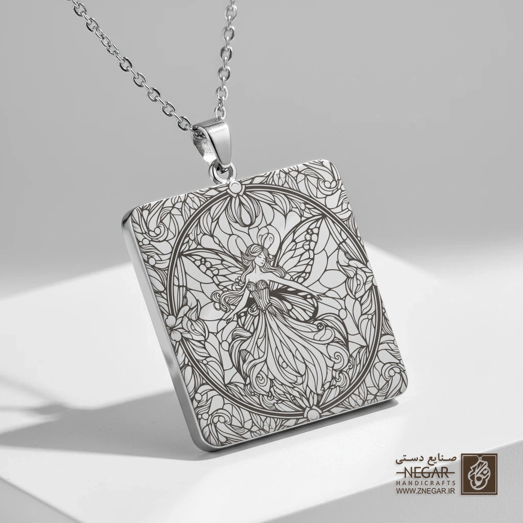 گردنبند طرح پری در قاب شکوفه (حکاکی لیزری فایبر، مدل قاب مربع) کد 501154