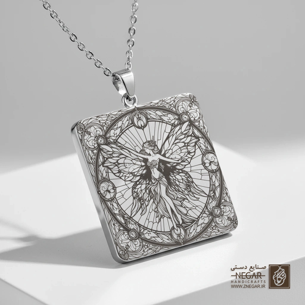 گردنبند طرح پری و حلقه ستارگان (حکاکی لیزری فایبر، مدل قاب مربع) کد 501163