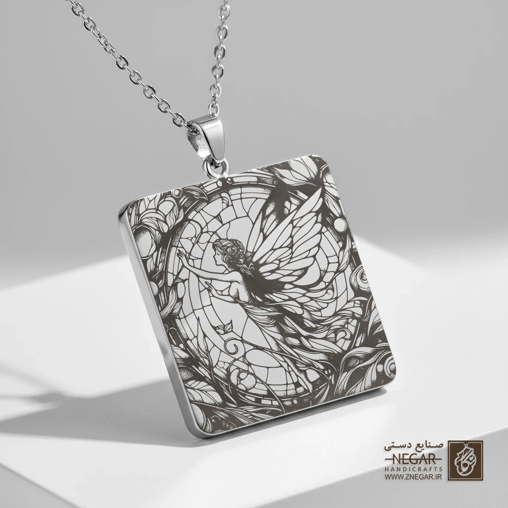 گردنبند طرح پری و کادر هندسی (حکاکی لیزری فایبر، مدل قاب مربع) کد 501173