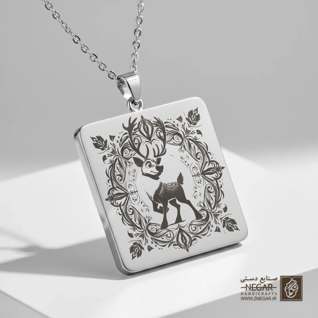 گردنبند طرح سون و دانه برف (حکاکی لیزری فایبر، مدل قاب مربع) کد 501330
