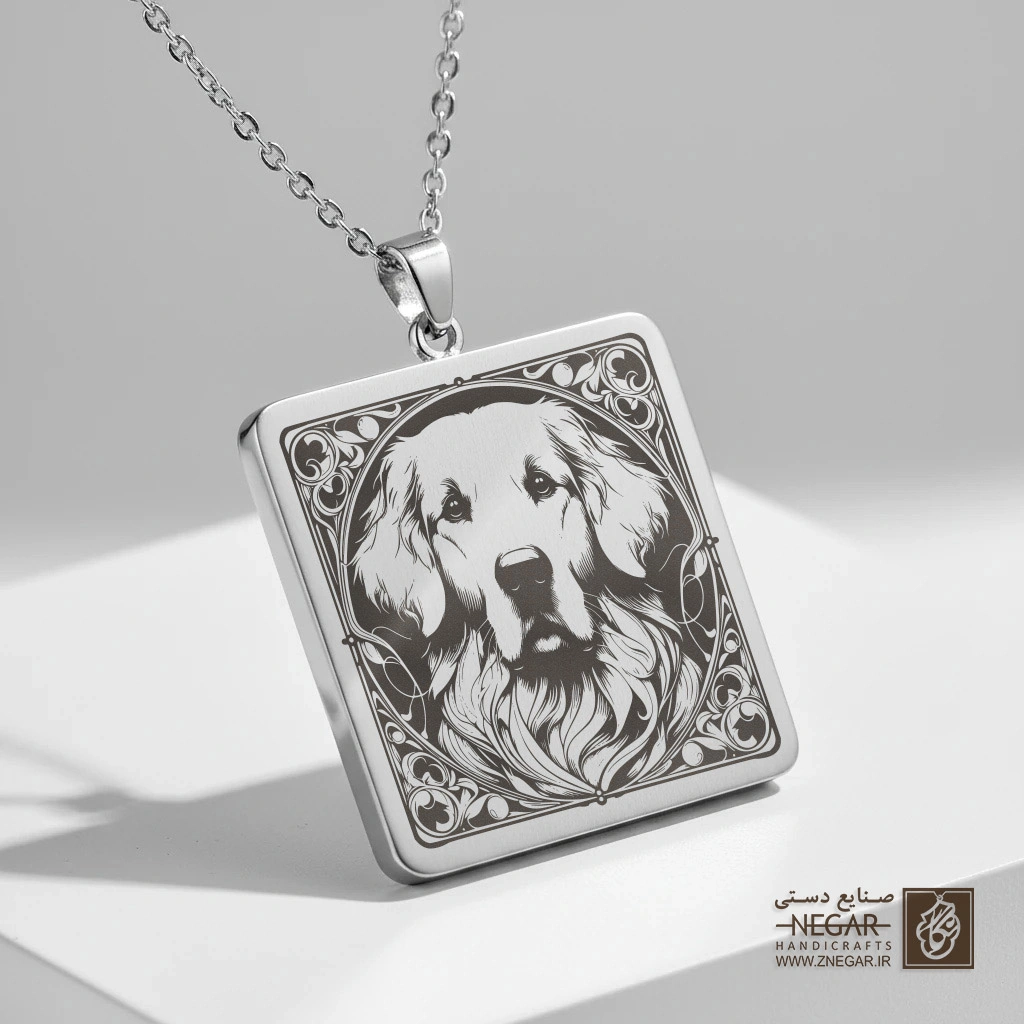 گردنبند طرح سگ گلدن رتریور (Golden Retriever) (حکاکی لیزری فایبر، مدل قاب مربع) کد 501505