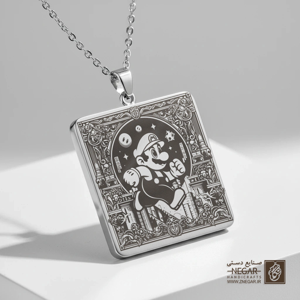 گردنبند طرح ماریو در حال دویدن (حکاکی لیزری فایبر، مدل قاب مربع) کد 502188