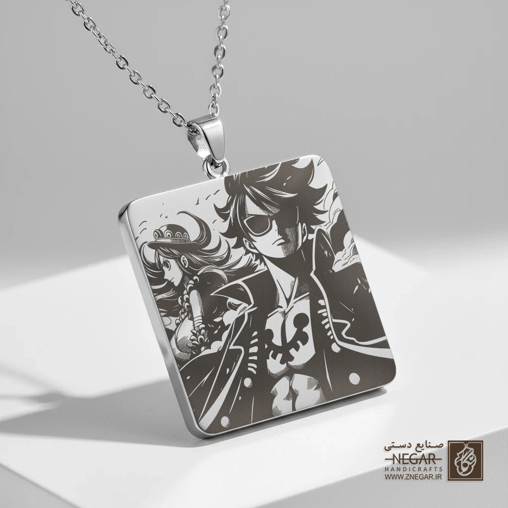 گردنبند طرح وان پیس - گروهی (حکاکی لیزری فایبر، مدل قاب مربع) کد 502488