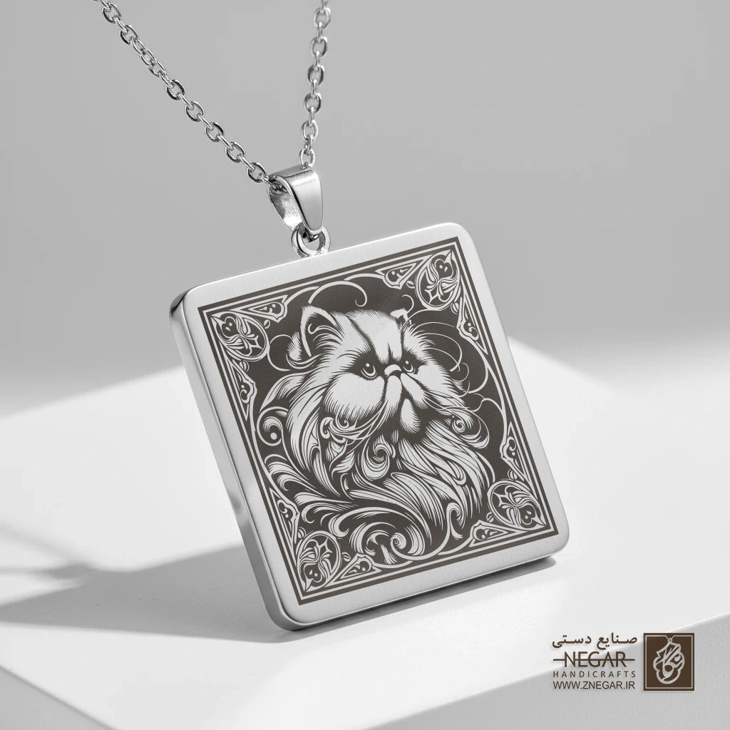 گردنبند طرح گربه پرشین - فانتزی (حکاکی لیزری فایبر، مدل قاب مربع) کد 502600