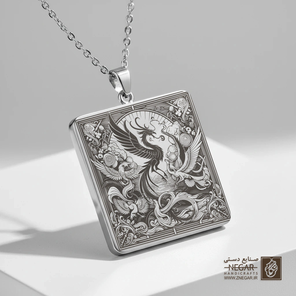 گردنبند طرح ققنوس انتزاعی (حکاکی لیزری فایبر، مدل قاب مربع) کد 502624