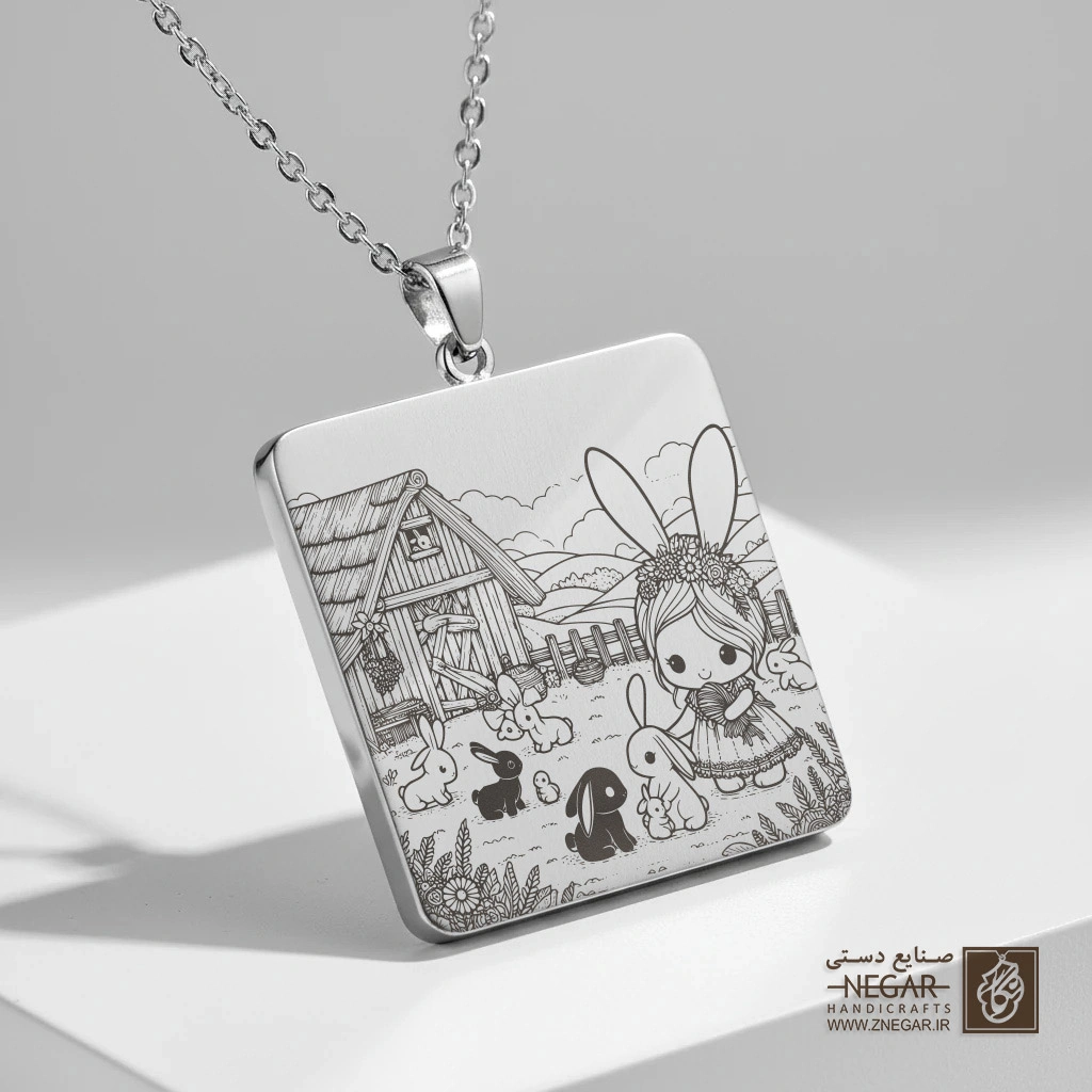 گردنبند طرح خرگوش در مزرعه (حکاکی لیزری فایبر، مدل قاب مربع) کد 502752