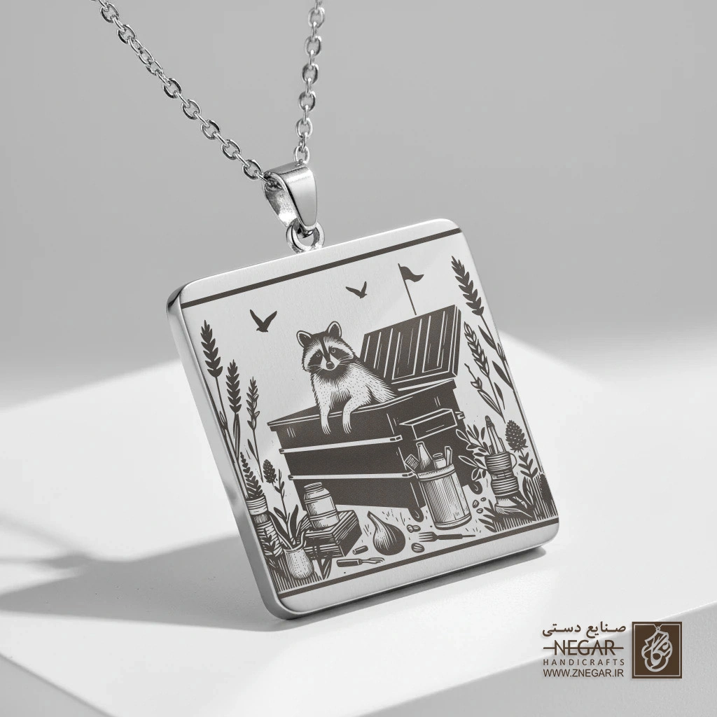 گردنبند طرح راکون و کلبه (حکاکی لیزری فایبر، مدل قاب مربع) کد 502759