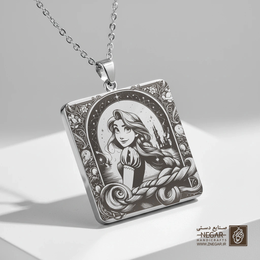 گردنبند طرح راپونزل - نمای قصر (حکاکی لیزری فایبر، مدل قاب مربع) کد 502789