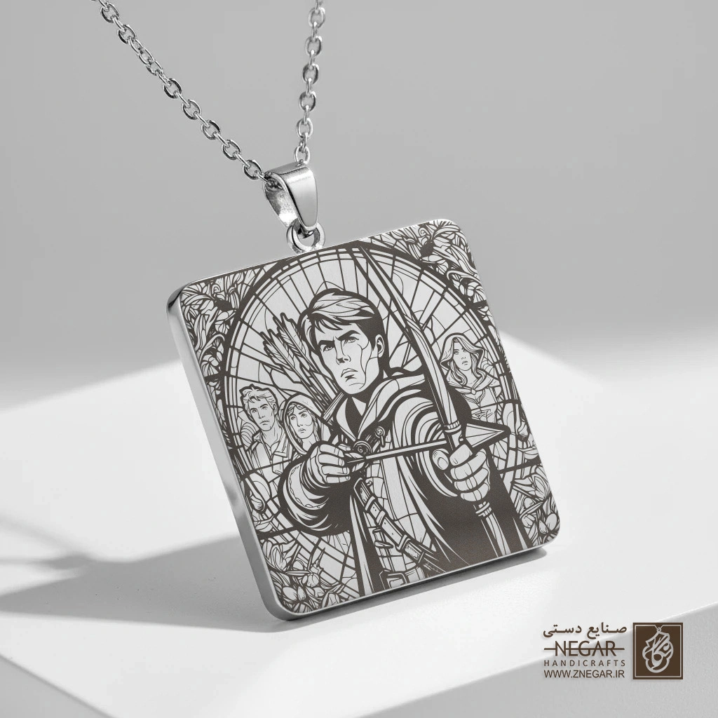 گردنبند طرح رابین هود - تیرانداز ماهر (حکاکی لیزری فایبر، مدل قاب مربع) کد 502843