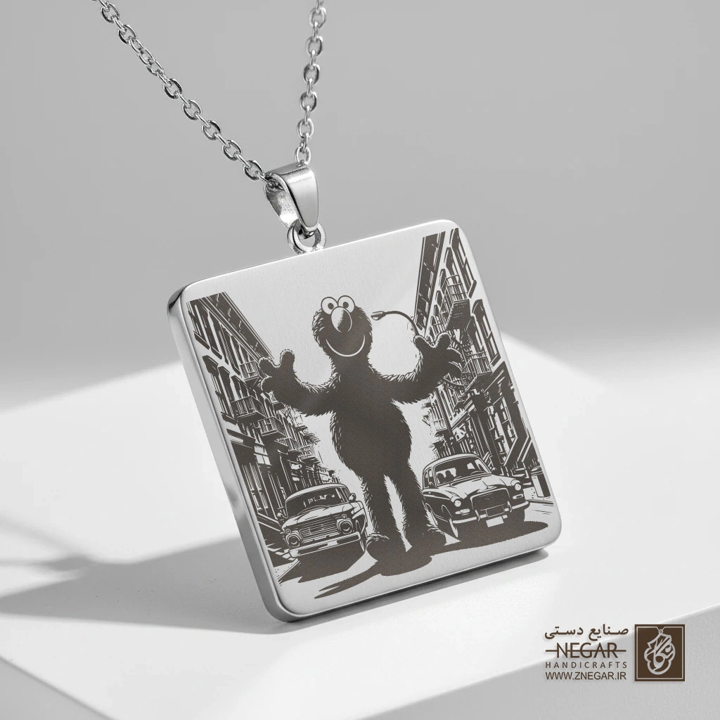 گردنبند طرح المو - سیلوییت شهری (حکاکی لیزری فایبر، مدل قاب مربع) کد 502975