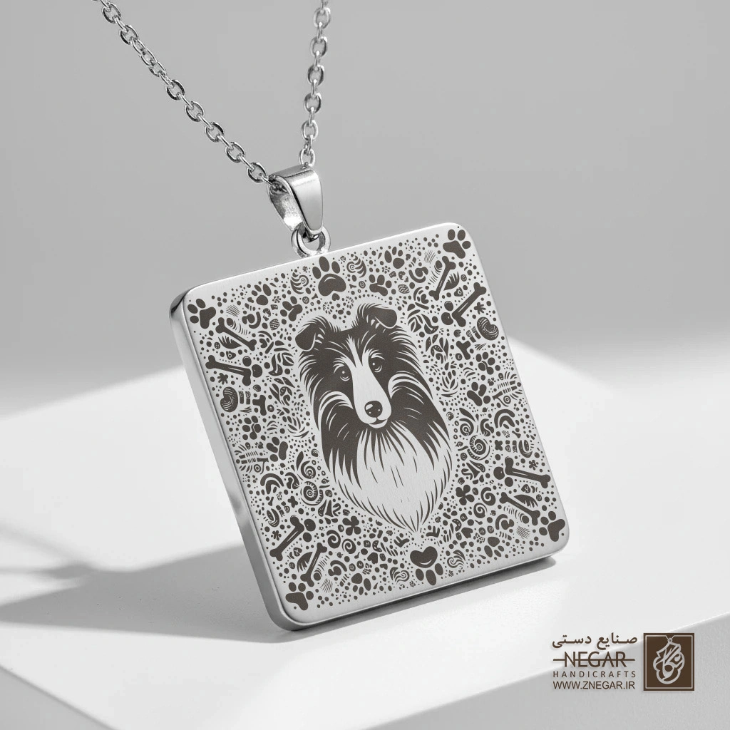 گردنبند طرح چهره سگ شلتی قاب لوزی (حکاکی لیزری فایبر، مدل قاب مربع) کد 503001