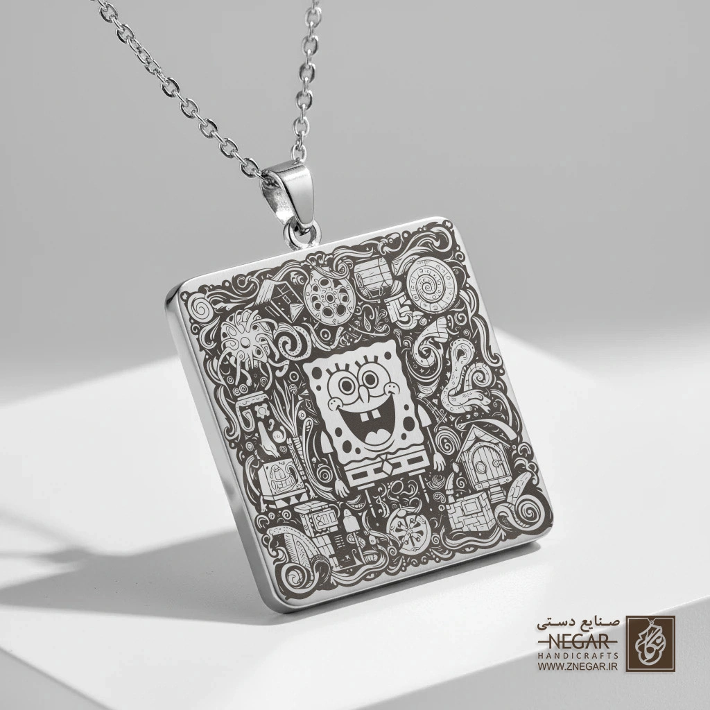 گردنبند طرح باب اسفنجی و جزئیات شلوغ (حکاکی لیزری فایبر، مدل قاب مربع) کد 503241