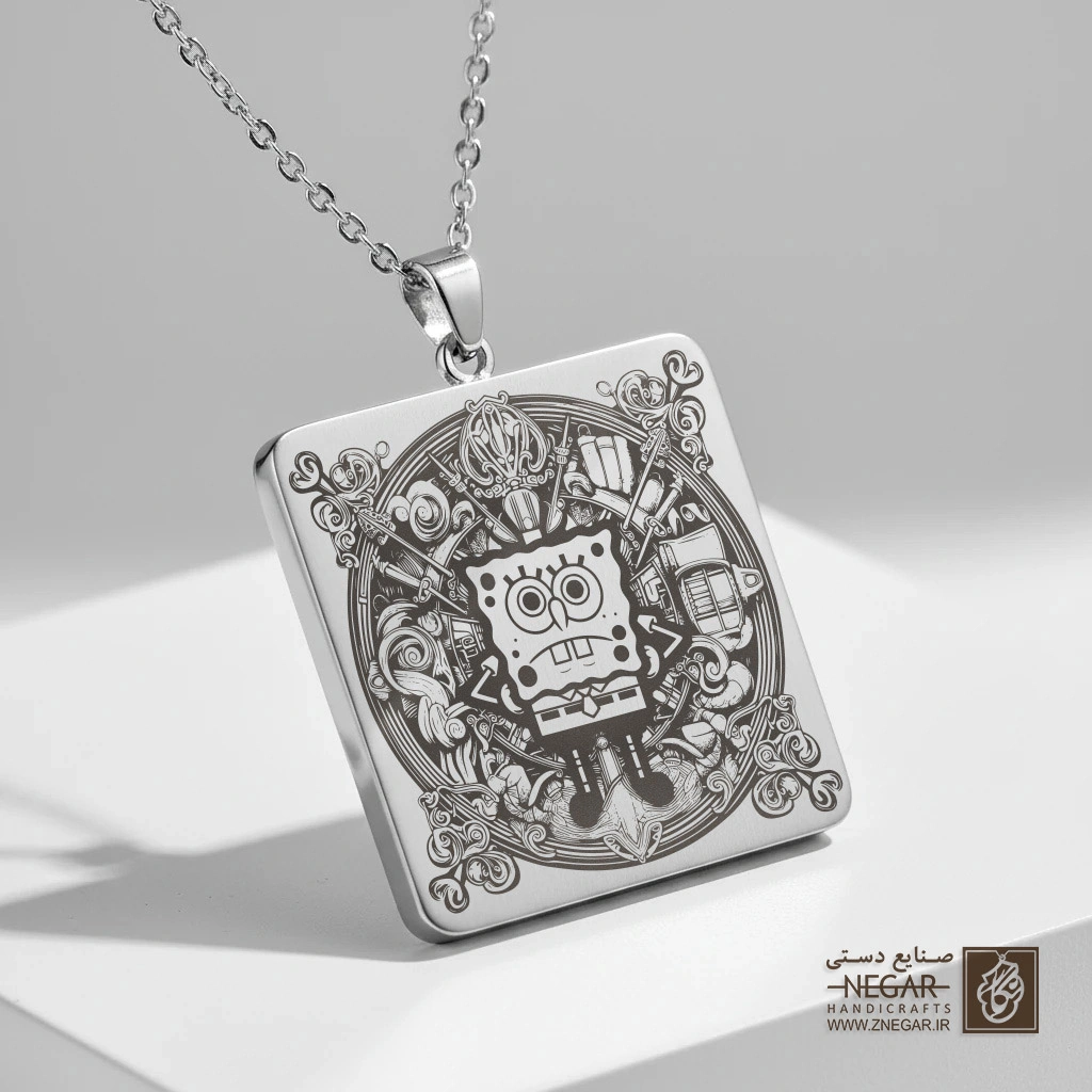 گردنبند طرح باب اسفنجی قاب اشرافی شلوغ (حکاکی لیزری فایبر، مدل قاب مربع) کد 503262