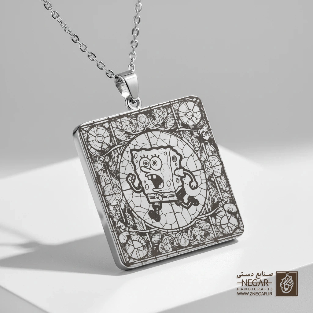 گردنبند طرح باب اسفنجی متعجب (حکاکی لیزری فایبر، مدل قاب مربع) کد 503272