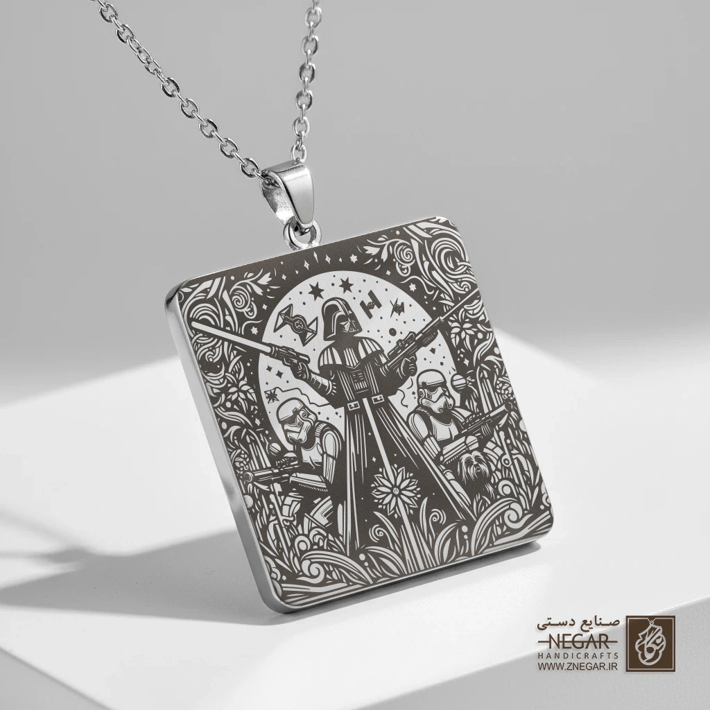 گردنبند طرح دارث ویدر و سربازان امپراتوری (حکاکی لیزری فایبر، مدل قاب مربع) کد 503375