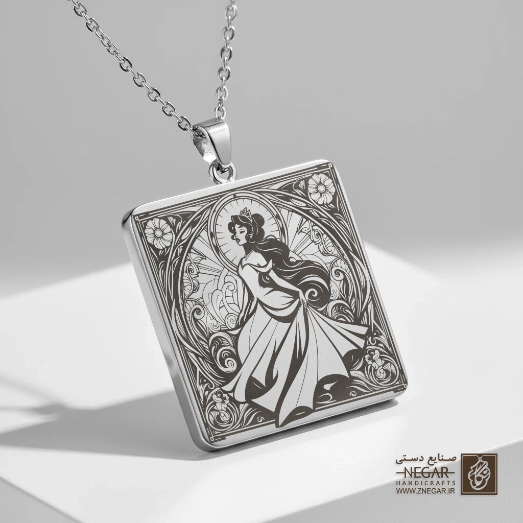 گردنبند طرح پرنسس تیانا (Tiana) در قاب گل (حکاکی لیزری فایبر، مدل قاب مربع) کد 503553