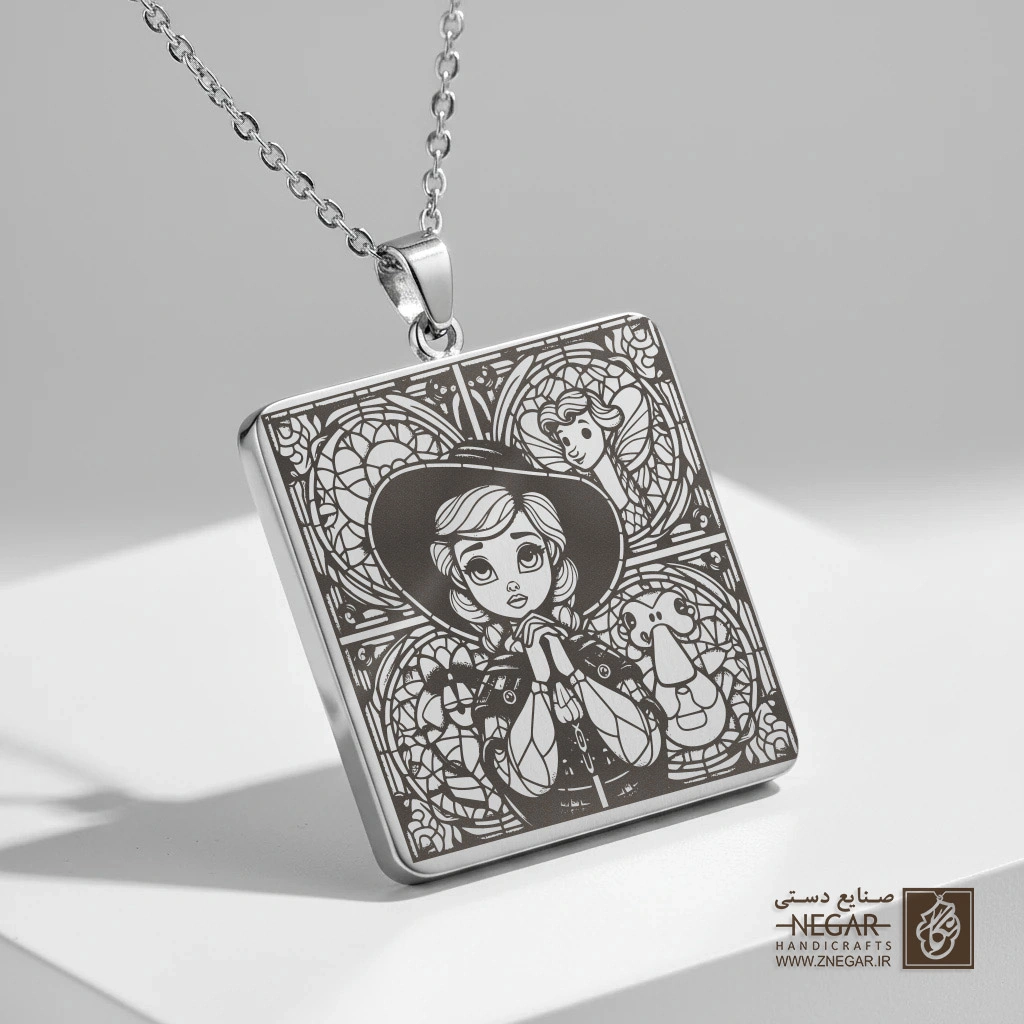 گردنبند طرح بو پیپ (Bo Peep) در قاب گل (حکاکی لیزری فایبر، مدل قاب مربع) کد 503629