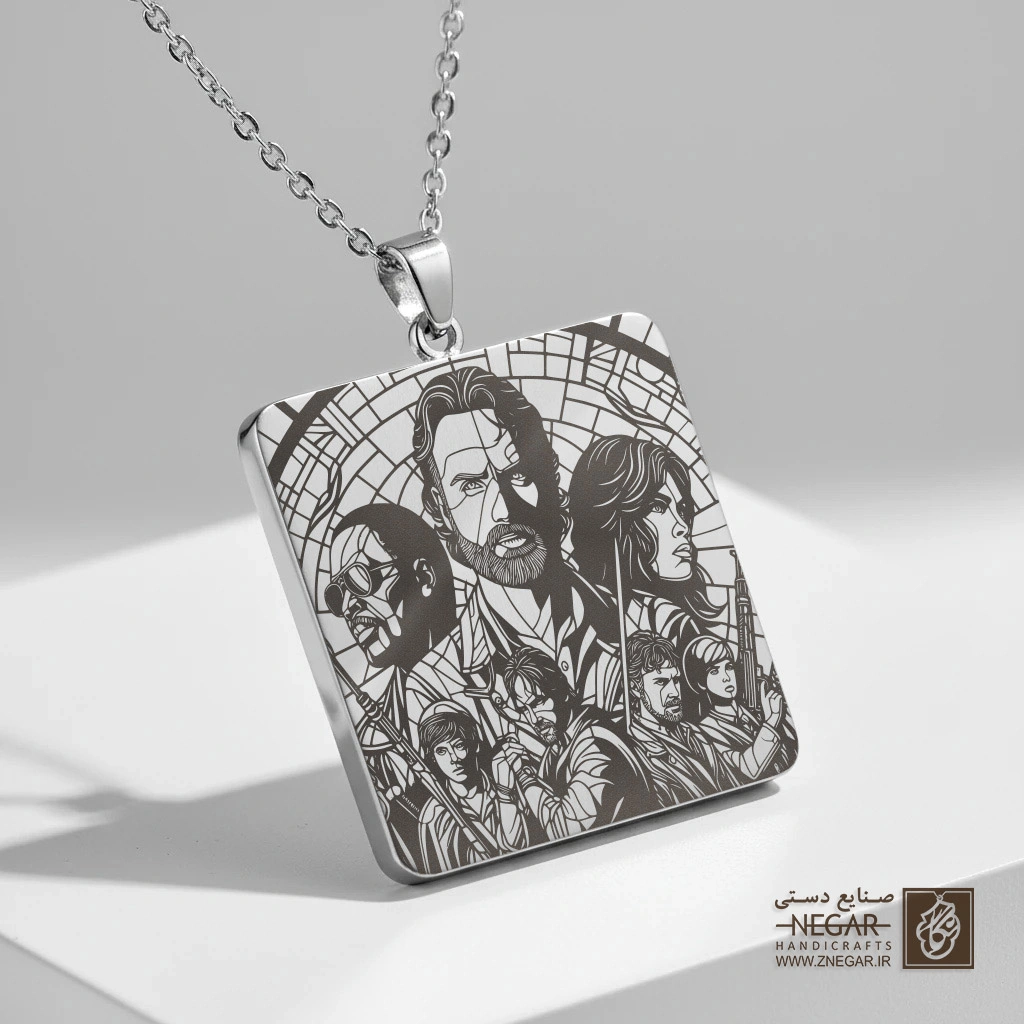 گردنبند طرح ریک و گروه در نمای جاده (حکاکی لیزری فایبر، مدل قاب مربع) کد 503700