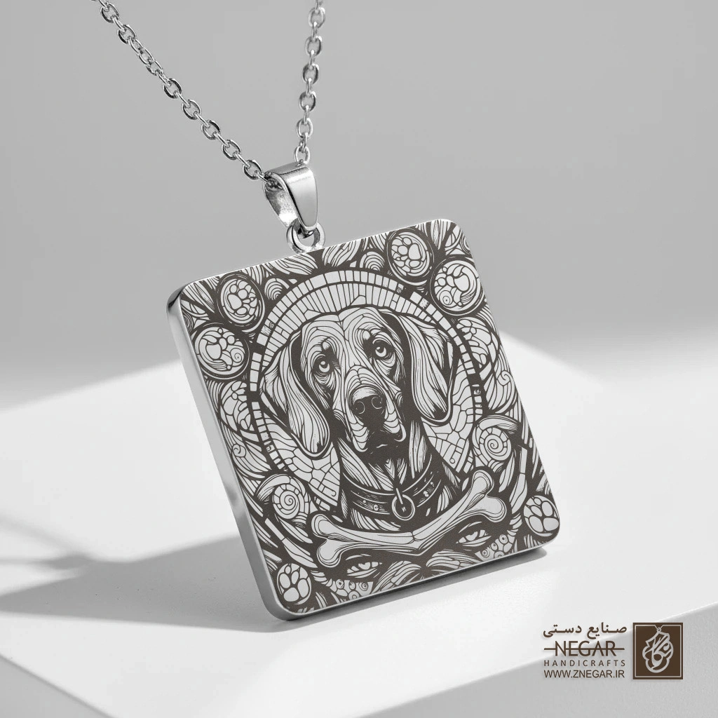 گردنبند طرح چهره سگ وایمارانر (حکاکی لیزری فایبر، مدل قاب مربع) کد 503802