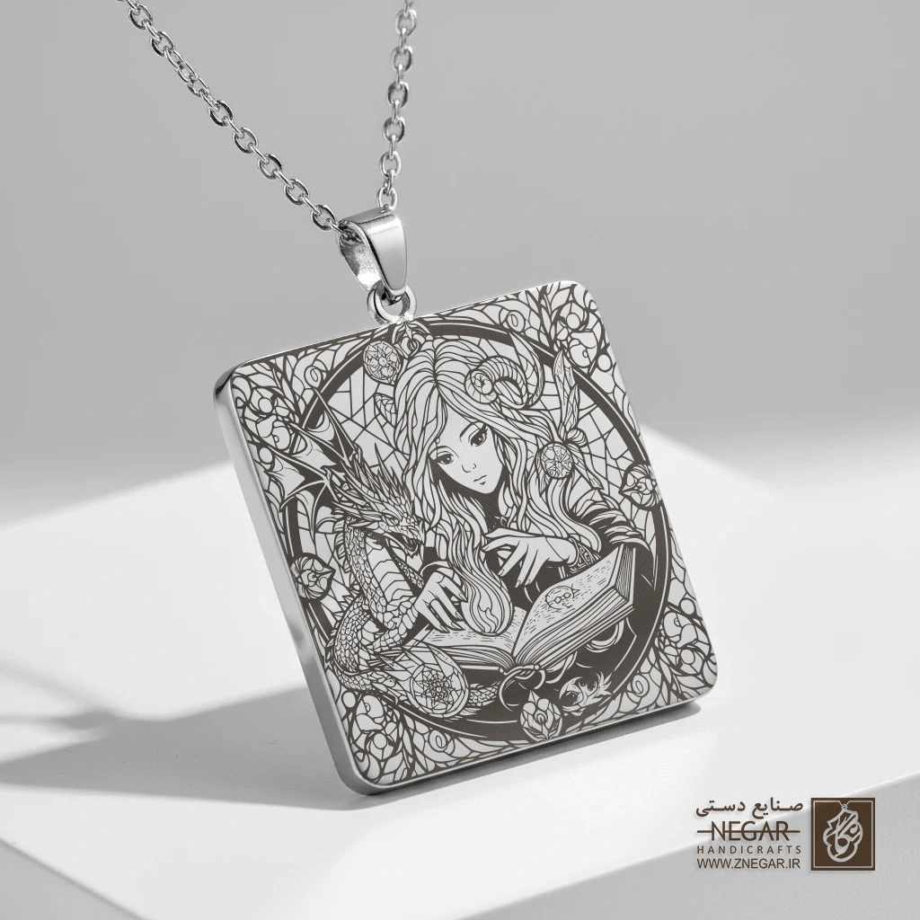 گردنبند طرح جادوگر جوان و اژدها (حکاکی لیزری فایبر، مدل قاب مربع) کد 503868