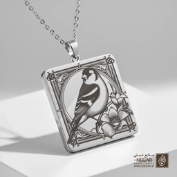 گردنبند طرح پرنده (فنچ طلایی ) (حکاکی لیزری فایبر، مدل قاب مربع) کد 500066