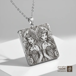 گردنبند طرح دوقلوی پری دریایی (قرینه) (حکاکی لیزری فایبر، مدل قاب مربع) کد 500106