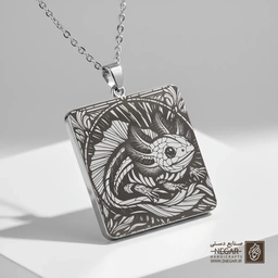 گردنبند طرح اکسولوتل (ماهی مانی) (حکاکی لیزری فایبر، مدل قاب مربع) کد 500159
