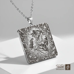 گردنبند طرح بل و کتاب و رز (حکاکی لیزری فایبر، مدل قاب مربع) کد 500331