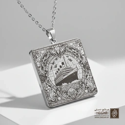 گردنبند طرح کشتی در قاب دایره اسلیمی (حکاکی لیزری فایبر، مدل قاب مربع) کد 500810