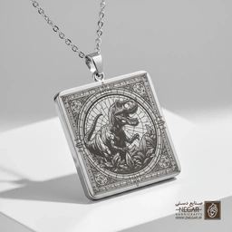 گردنبند طرح دایناسور میان امواج (حکاکی لیزری فایبر، مدل قاب مربع) کد 500959