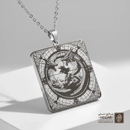 گردنبند طرح دراگون بال در قاب هندسی (حکاکی لیزری فایبر، مدل قاب مربع) کد 501037
