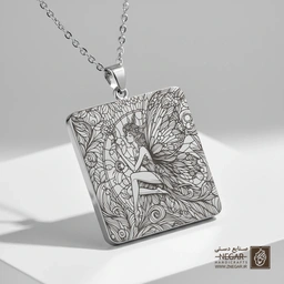 گردنبند طرح پری نشسته بر صخره جادویی (حکاکی لیزری فایبر، مدل قاب مربع) کد 501190