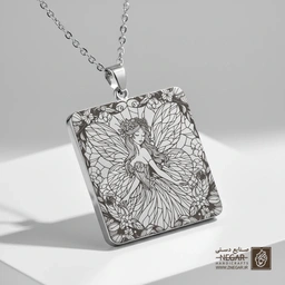 گردنبند طرح پری با تاج گل مینیاتوری (حکاکی لیزری فایبر، مدل قاب مربع) کد 501194