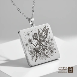 گردنبند طرح سیلوئت پری و ستاره‌ها (حکاکی لیزری فایبر، مدل قاب مربع) کد 501198