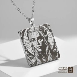 گردنبند طرح چهره دنریس در قاب اسلیمی (حکاکی لیزری فایبر، مدل قاب مربع) کد 501384