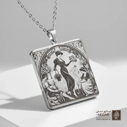 گردنبند طرح زن با سبد گل و طبیعت (حکاکی لیزری فایبر، مدل قاب مربع) کد 501403
