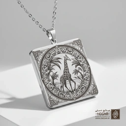 گردنبند طرح زرافه و ماندالا دایره‌ای (حکاکی لیزری فایبر، مدل قاب مربع) کد 501451