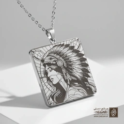 گردنبند طرح پرتره زن با کلاه پر (حکاکی لیزری فایبر، مدل قاب مربع) کد 501461