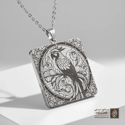 گردنبند طرح طوطی اسکندر روی شاخه (حکاکی لیزری فایبر، مدل قاب مربع) کد 501528