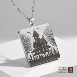 گردنبند طرح عمارت متروکه در قاب ماندالا (حکاکی لیزری فایبر، مدل قاب مربع) کد 501637