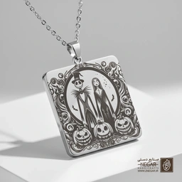 گردنبند طرح جک و سالی زیر ماه (حکاکی لیزری فایبر، مدل قاب مربع) کد 501648