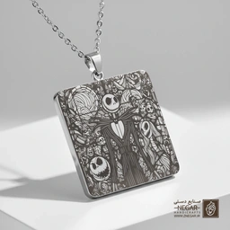 گردنبند طرح جک و سالی (حکاکی لیزری فایبر، مدل قاب مربع) کد 501649