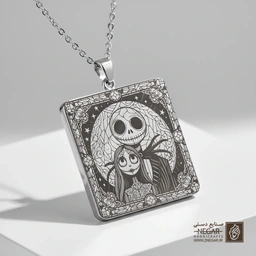 گردنبند طرح چهره جک و سالی در قاب دایره (حکاکی لیزری فایبر، مدل قاب مربع) کد 501670