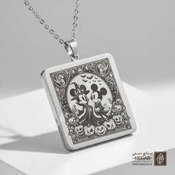 گردنبند طرح میکی و مینی در قاب تزیینی (حکاکی لیزری فایبر، مدل قاب مربع) کد 501675