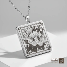 گردنبند طرح گل ختمی استوایی (حکاکی لیزری فایبر، مدل قاب مربع) کد 501846