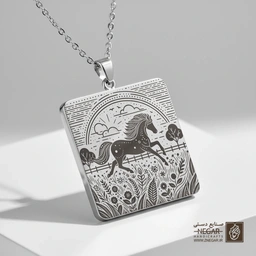 گردنبند طرح اسب در میان دشت (حکاکی لیزری فایبر، مدل قاب مربع) کد 501875